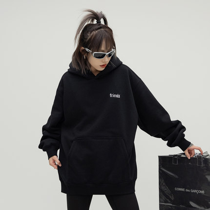 ONE PASS 380g重磅字母印花连帽加绒卫衣女春季情侣宽松加厚帽衫