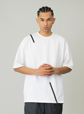 2025美式国潮拉链设计圆领短袖T恤男夏季情侣宽松休闲半袖上衣