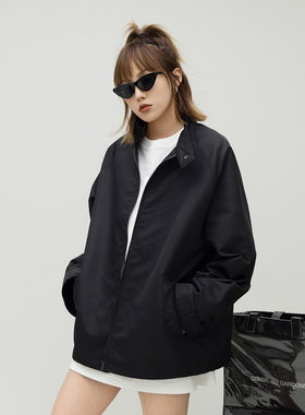 ONE PASS 街头复古惠灵顿夹克女2024春季新款宽松立领情侣外套
