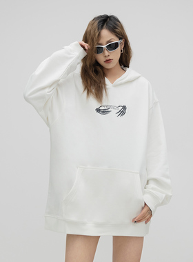 ONE PASS 街头潮牌骷髅印花连帽卫衣女2023春季新款情侣宽松上衣