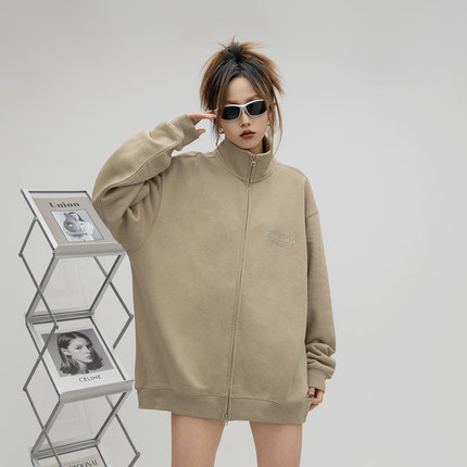 ONE PASS 厚板字母印花立领开衫卫衣外套女春季情侣宽松休闲夹克