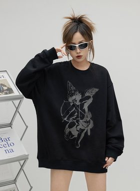 ONE PASS 街头潮牌天使印花圆领卫衣女2023春季新款宽松情侣上衣