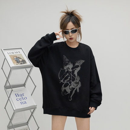 ONE PASS 街头潮牌天使印花圆领卫衣女2023春季新款宽松情侣上衣