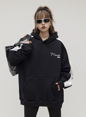 ONE PASS 380g重磅拼接撞色加绒连帽卫衣女春季新款宽松休闲帽衫