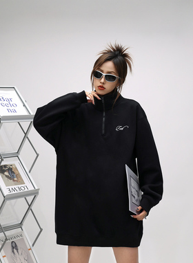 ONE PASS 380g重磅刺绣半开衫加绒卫衣女春季潮牌宽松情侣上衣