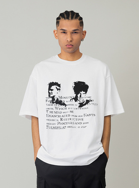 美式国潮人像印花圆领短袖T恤男夏季宽松情侣休闲半袖上衣