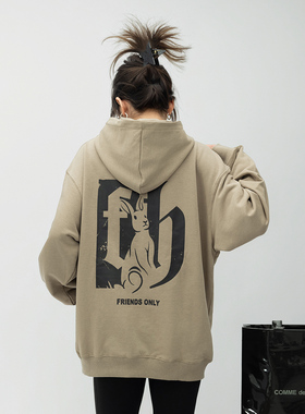 ONE PASS 兔年限定兔子字母印花连帽卫衣女春季宽松情侣休闲上衣