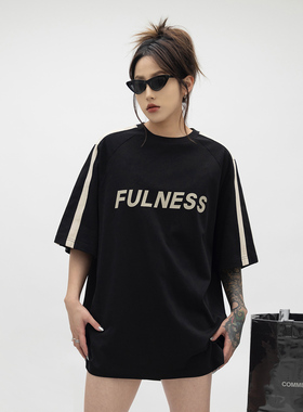 2025美式国潮织带拼接字母印花圆领短袖T恤女情侣宽松上衣