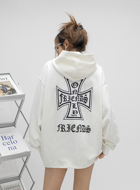 ONE PASS 街头潮牌梵文十字连帽卫衣女2025春季新款情侣宽松上衣