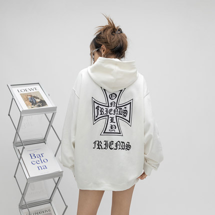 ONE PASS 街头潮牌梵文十字连帽卫衣女2025春季新款情侣宽松上衣