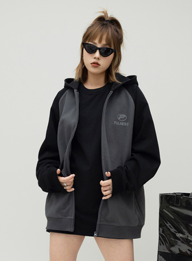 ONE PASS 420g重磅拼接插肩袖开衫连帽卫衣女春季新款宽松外套