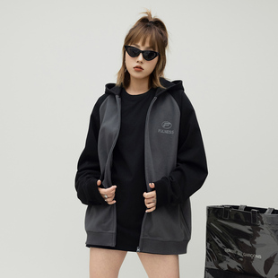 ONE PASS 420g重磅拼接插肩袖开衫连帽卫衣女春季新款宽松外套