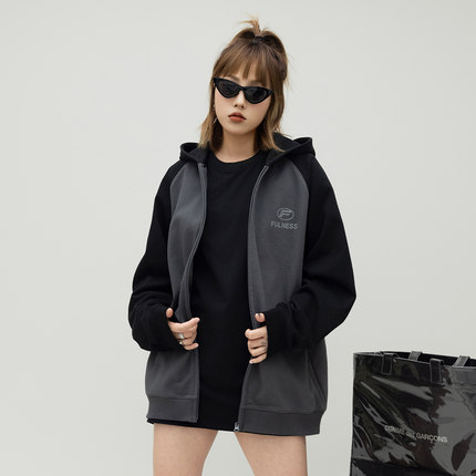 ONE PASS 420g重磅拼接插肩袖开衫连帽卫衣女春季新款宽松外套