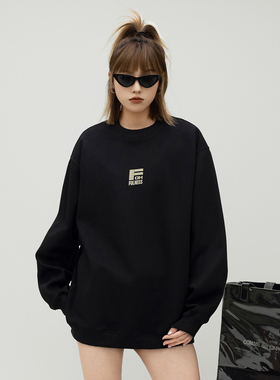 ONE PASS 街头潮牌字母印花圆领卫衣女2025春季新款宽松情侣上衣