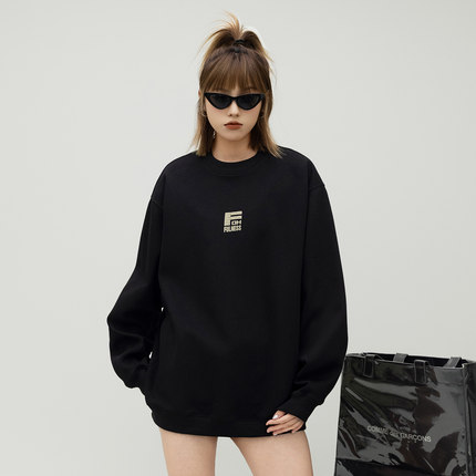 ONE PASS 街头潮牌字母印花圆领卫衣女2025春季新款宽松情侣上衣