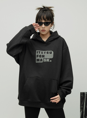 ONE PASS 街头潮牌植绒印花连帽卫衣女2025春季新款宽松情侣帽衫