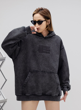 ONE PASS街头潮牌水洗做旧套头连帽卫衣女春季新款情侣款宽松上衣
