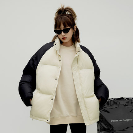 ONE PASS 街头潮牌立领拼色插肩袖棉服女冬季新款宽松保暖外套