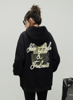 ONE PASS 潮牌字母印花连帽卫衣女2025春季新款宽松情侣帽衫上衣