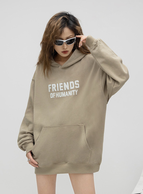 ONE PASS 街头潮牌植绒字母印花连帽卫衣女春季新款情侣宽松上衣