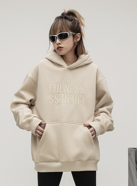 ONE PASS 380g重磅厚板胶印插肩袖加绒连帽卫衣女春季宽松帽衫