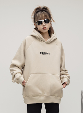 ONE PASS 380g重磅植绒印花插肩袖加绒连帽卫衣女春季宽松帽衫