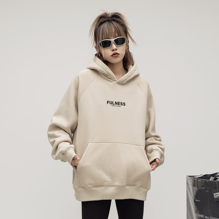 ONE PASS 380g重磅植绒印花插肩袖加绒连帽卫衣女春季宽松帽衫