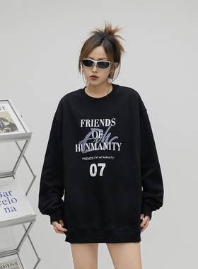 ONE PASS 街头潮牌字母印花圆领卫衣女春季情侣宽松休闲套头上衣