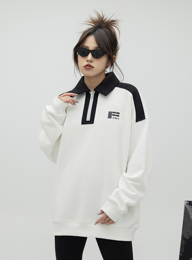 ONE PASS 美式国潮拼接翻领卫衣女春季情侣休闲宽松POLO衫上衣