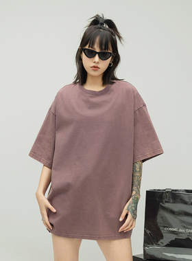 ONE PASS 水洗做旧纯色圆领短袖T恤女2024夏季新款宽松情侣上衣