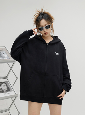 ONE PASS 字母印花拉链开衫连帽卫衣女春季新款潮牌情侣宽松外套