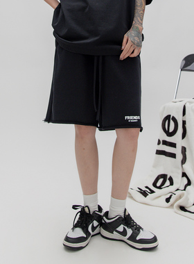 潮牌字母印花洗水毛边短裤女夏季宽松运动休闲五分裤男