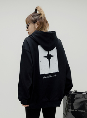 ONE PASS 字母印花连帽卫衣女2025春季新款潮牌宽松情侣帽衫上衣