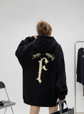 ONE PASS 380g重磅圆弧字母连帽加绒卫衣女春季新款宽松加厚帽衫