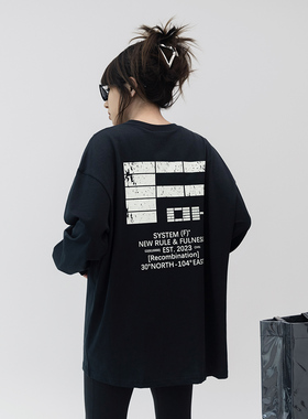 潮牌后背印花圆领长袖T恤女春季新款宽松内搭打底上衣