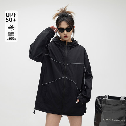 ONE PASS 反光条连帽防晒衣女夏季UPF50+防紫外线透气轻薄上衣