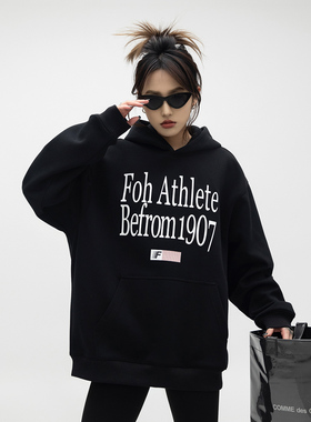 ONE PASS 美式国潮字母印花连帽卫衣女春季街头情侣宽松休闲帽衫