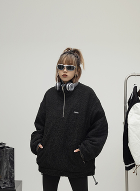 ONE PASS 半拉链仿羊羔毛夹克女冬季新款宽松情侣休闲保暖外套