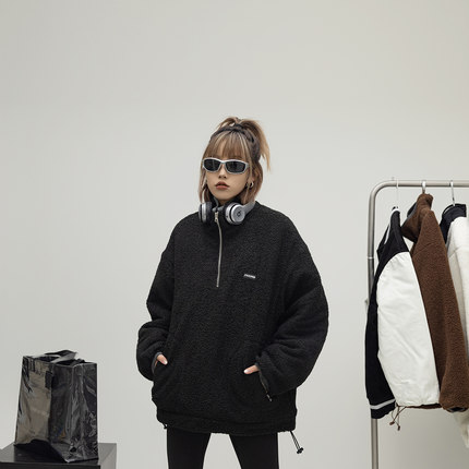 ONE PASS 半拉链仿羊羔毛夹克女冬季新款宽松情侣休闲保暖外套