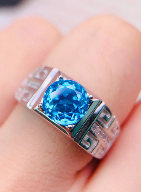 天然瑞士蓝托帕石戒指S925纯银大板戒巴西蓝色宝石男款戒子