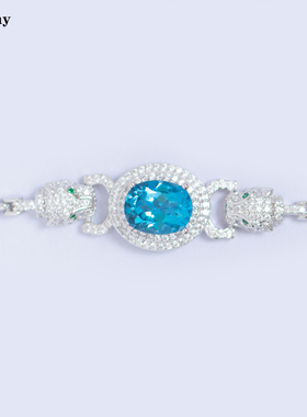 小红书推荐双豹子头手链天然瑞士蓝托帕石纯银绿色眼睛OT扣大码女