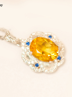 招财天然黄水晶项链S925纯银镀金不过敏黄色宝石吊坠送老婆礼物女