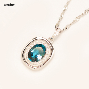 小众简约高级感天然伦敦蓝托帕石项链S925纯银镀金吊坠女送礼物
