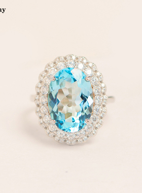 豪华9克拉天然托帕石戒指纯银镀金吊坠海蓝宝石色套装送礼物女