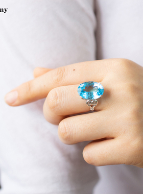 复古祥云戒指16克拉天然瑞士蓝托帕石纯银镀金指环活口不带钻简约