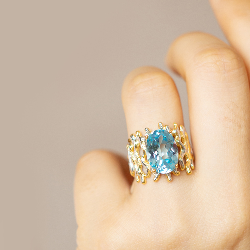 设计款9克拉超大天然托帕石复古大戒指鸟巢设计纯银双色女活口