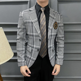 2025春装热卖长期做胸章网红格子修身小西装男外套DX127-P155，男装西服套装，星座197