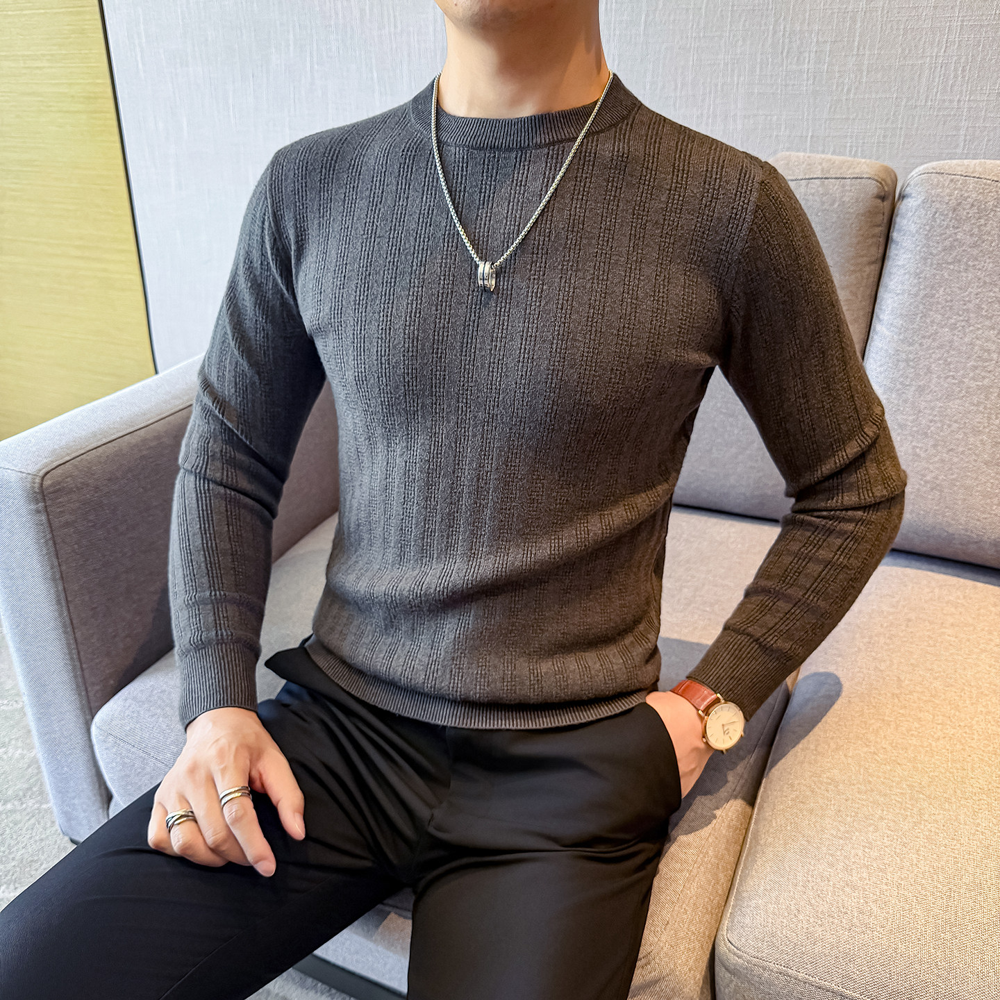 老钱风 秋冬新款圆领毛衣打底衫男针织衫长袖灰色MYB60012-P48