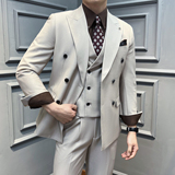 真袖叉双排扣纯色西装男套装商务结婚三件套橄榄绿SJT5502-P280，男装西服套装，星座197