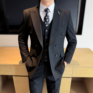 新款双排扣条纹西装男套装三件套礼服正装通勤黑色 SJT5572-P305